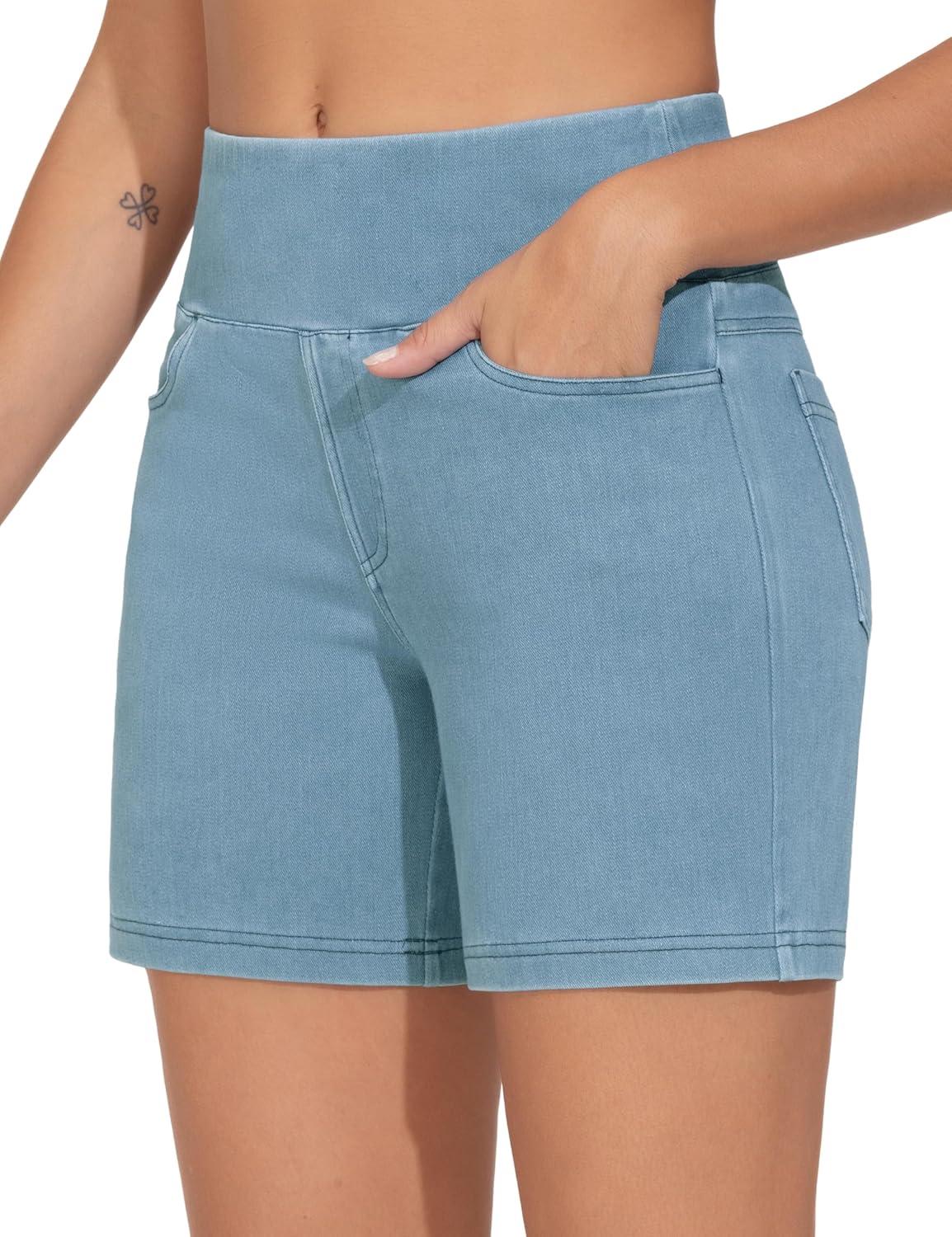 imageTHE GYM PEOPLE Womens High Waisted Stretchy Jean Shorts Summer Skinny Denim Shorts with PocketsLight Blue