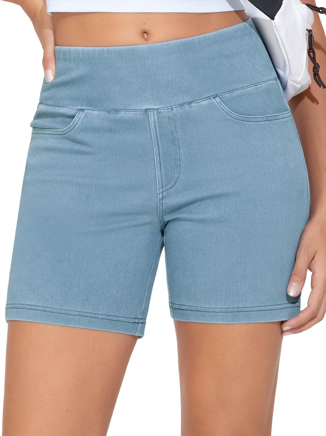 imageTHE GYM PEOPLE Womens High Waisted Stretchy Jean Shorts Summer Skinny Denim Shorts with PocketsLight Blue