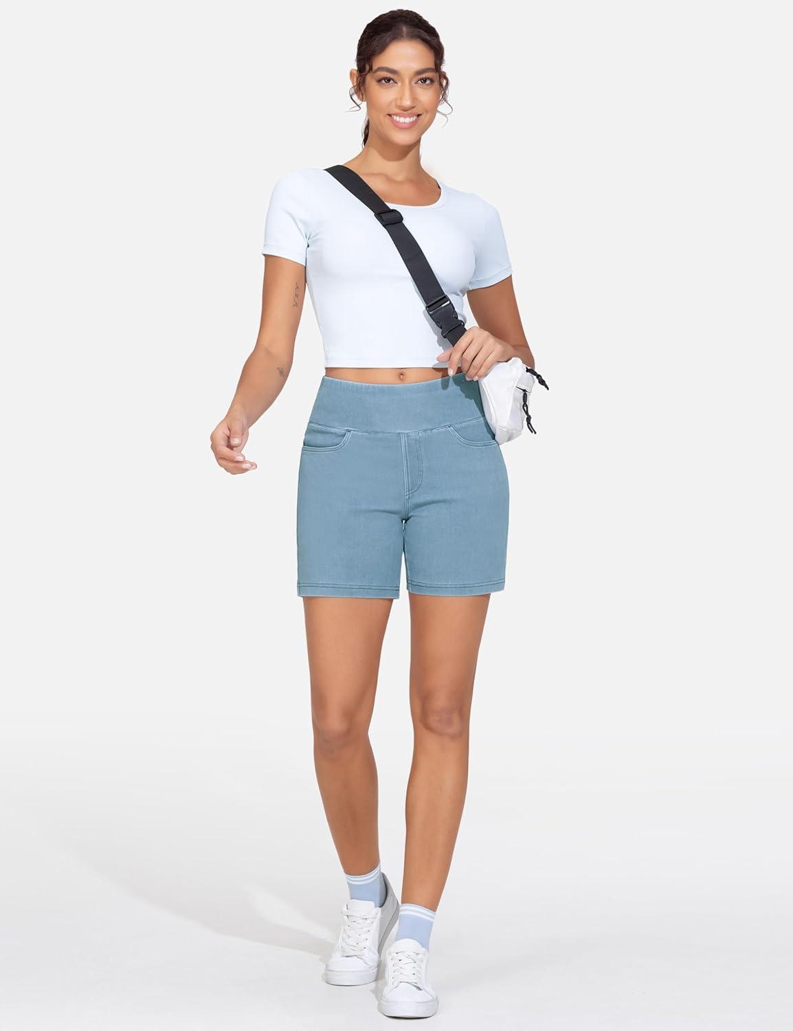 imageTHE GYM PEOPLE Womens High Waisted Stretchy Jean Shorts Summer Skinny Denim Shorts with PocketsLight Blue