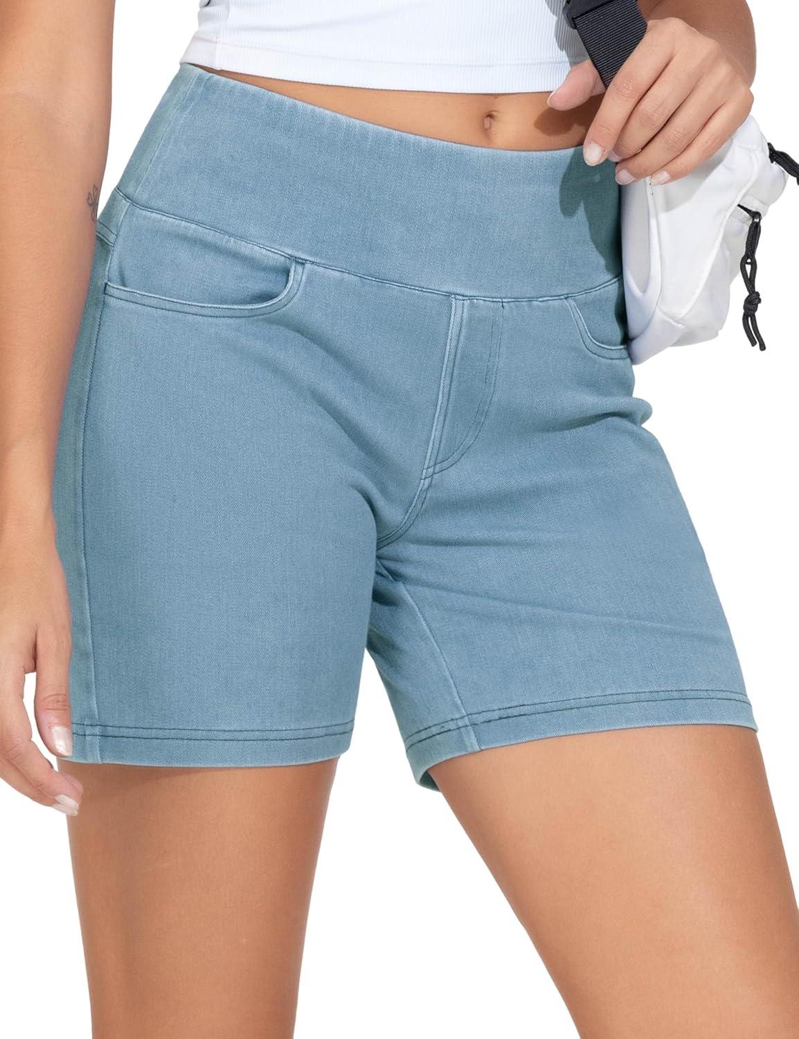 imageTHE GYM PEOPLE Womens High Waisted Stretchy Jean Shorts Summer Skinny Denim Shorts with PocketsLight Blue