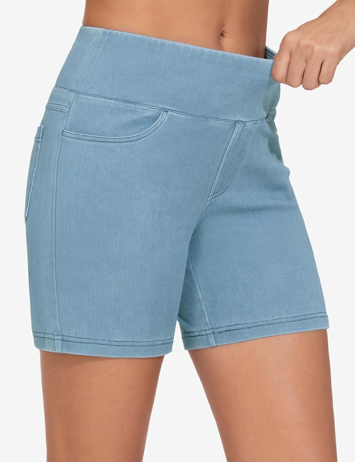 imageTHE GYM PEOPLE Womens High Waisted Stretchy Jean Shorts Summer Skinny Denim Shorts with PocketsLight Blue