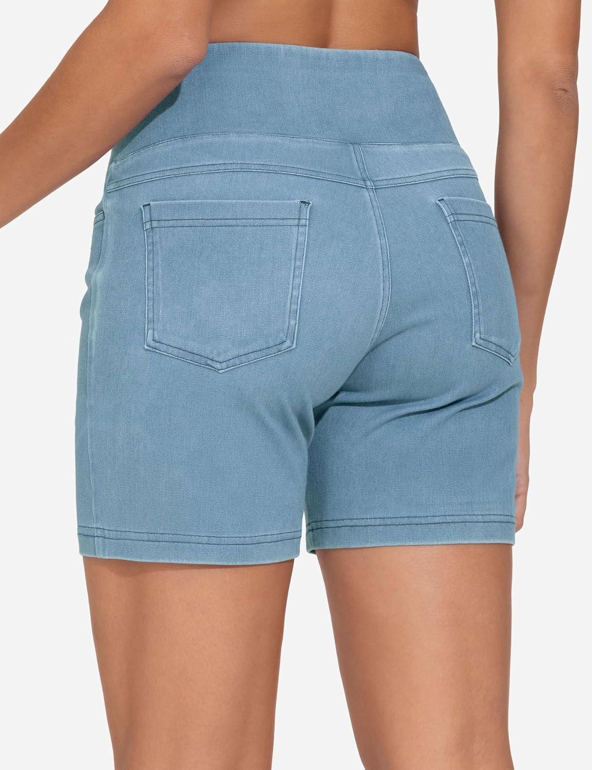 imageTHE GYM PEOPLE Womens High Waisted Stretchy Jean Shorts Summer Skinny Denim Shorts with PocketsLight Blue