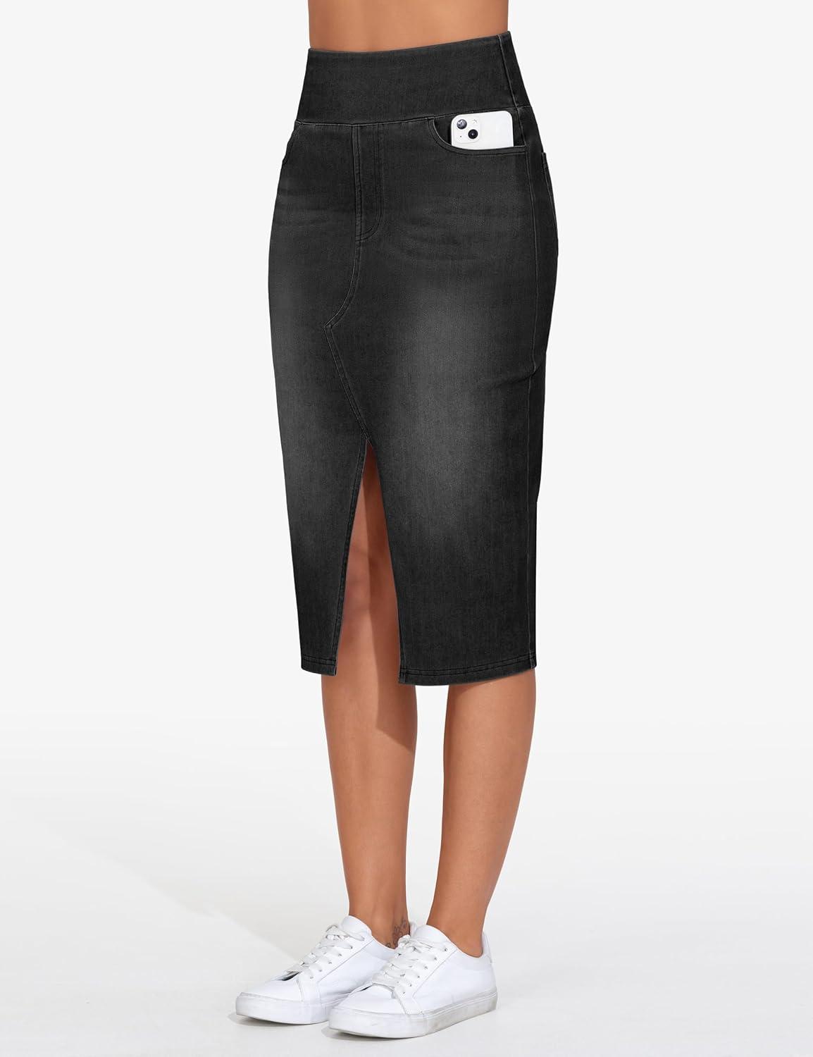 imageTHE GYM PEOPLE Womens High Waisted Stretchy Jean Skirts Front Slit Midi Denim Skirt with PocketsBlack