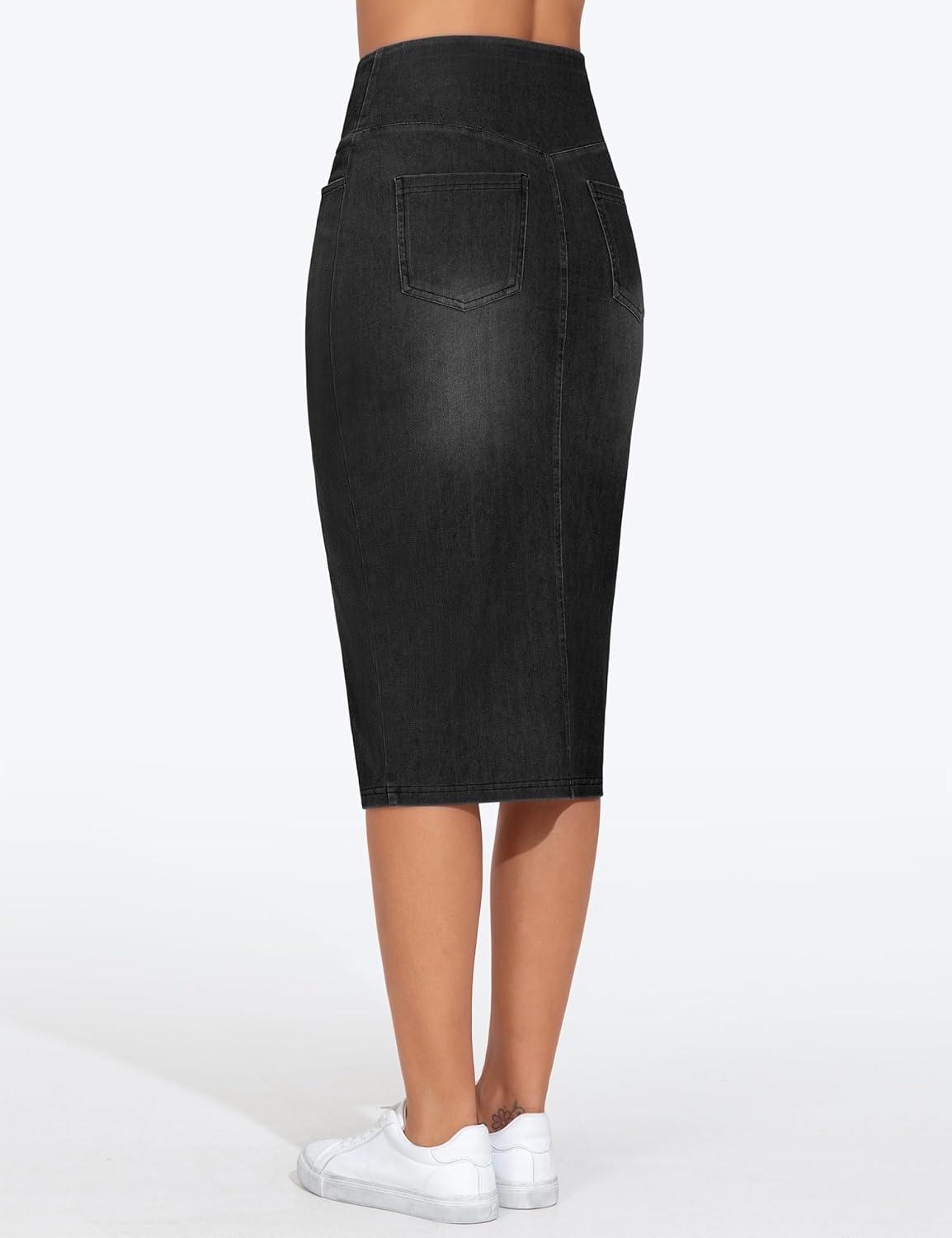 imageTHE GYM PEOPLE Womens High Waisted Stretchy Jean Skirts Front Slit Midi Denim Skirt with PocketsBlack