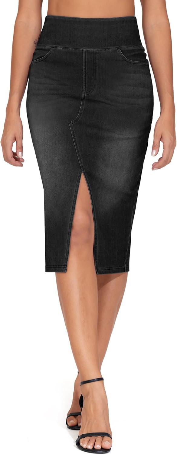 imageTHE GYM PEOPLE Womens High Waisted Stretchy Jean Skirts Front Slit Midi Denim Skirt with PocketsBlack