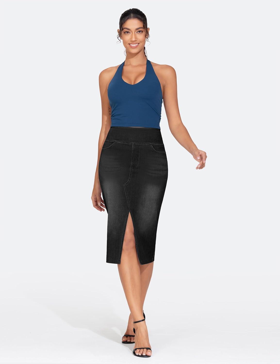 imageTHE GYM PEOPLE Womens High Waisted Stretchy Jean Skirts Front Slit Midi Denim Skirt with PocketsBlack