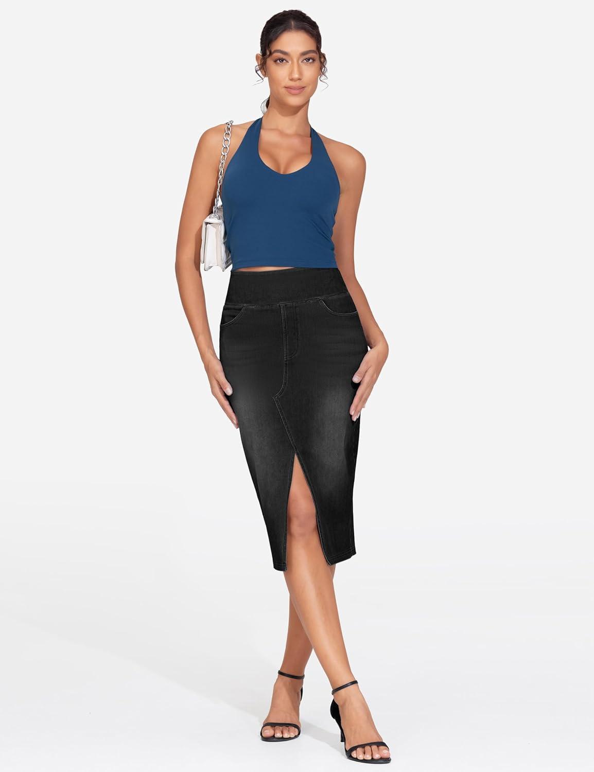 imageTHE GYM PEOPLE Womens High Waisted Stretchy Jean Skirts Front Slit Midi Denim Skirt with PocketsBlack