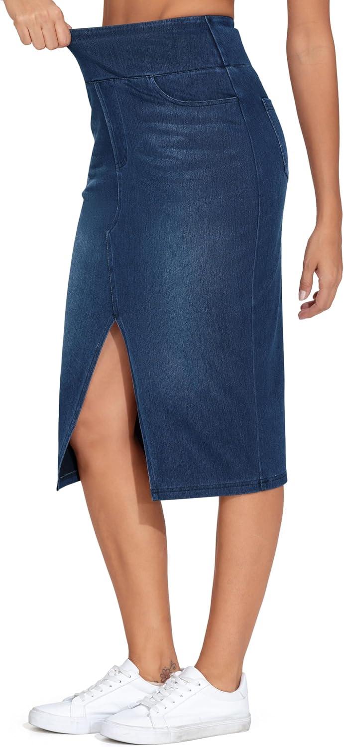 imageTHE GYM PEOPLE Womens High Waisted Stretchy Jean Skirts Front Slit Midi Denim Skirt with PocketsDark Blue