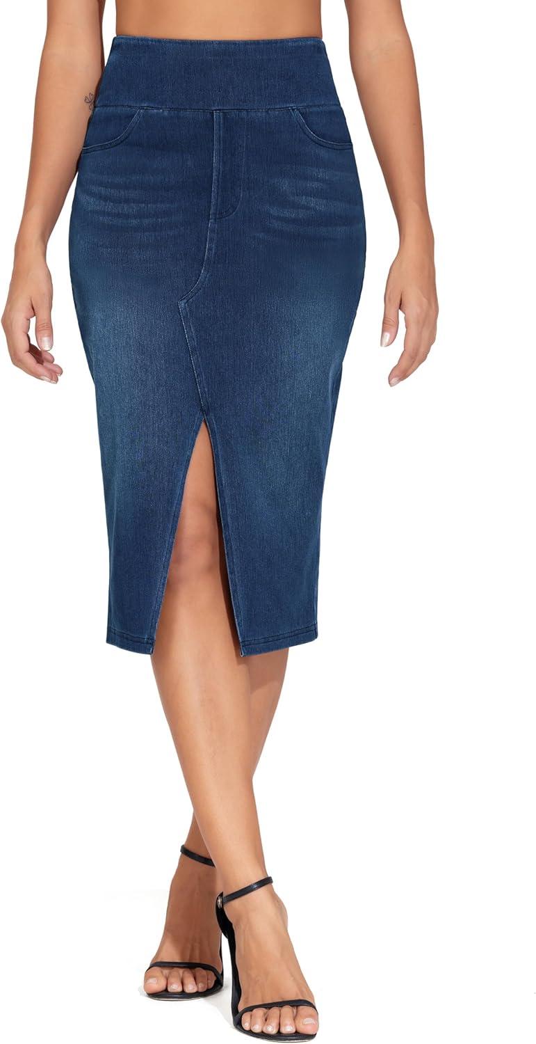 imageTHE GYM PEOPLE Womens High Waisted Stretchy Jean Skirts Front Slit Midi Denim Skirt with PocketsDark Blue