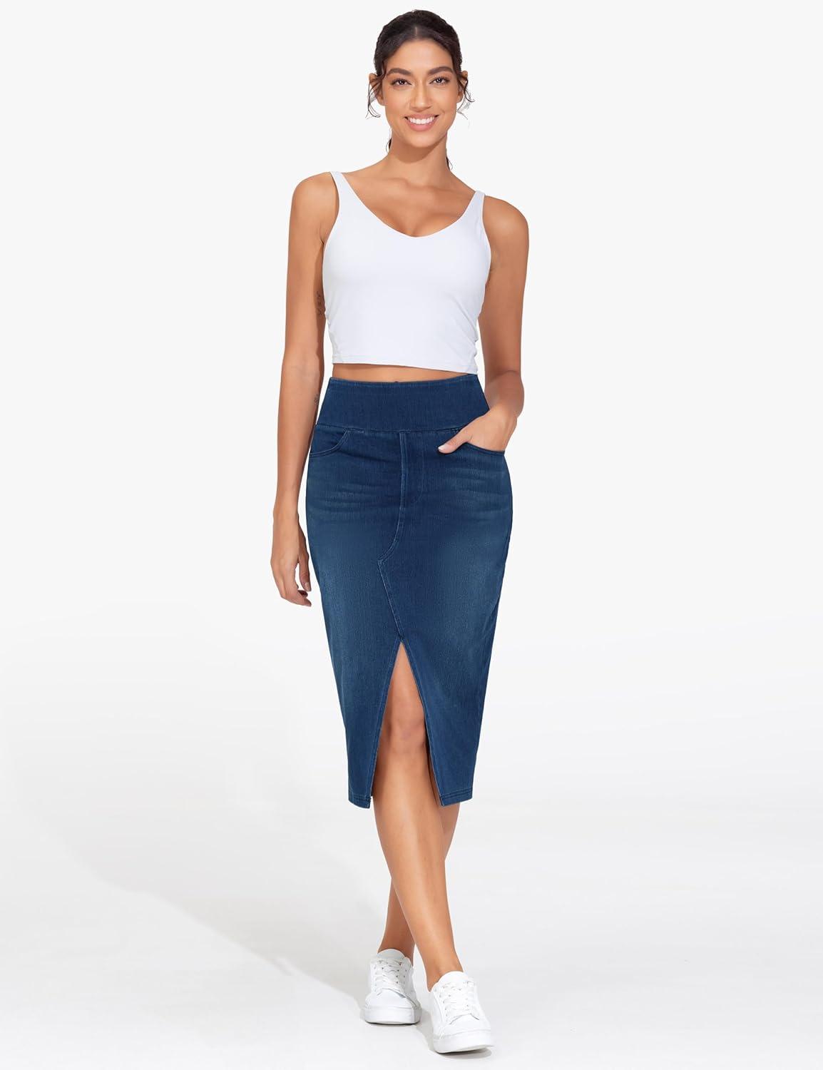imageTHE GYM PEOPLE Womens High Waisted Stretchy Jean Skirts Front Slit Midi Denim Skirt with PocketsDark Blue