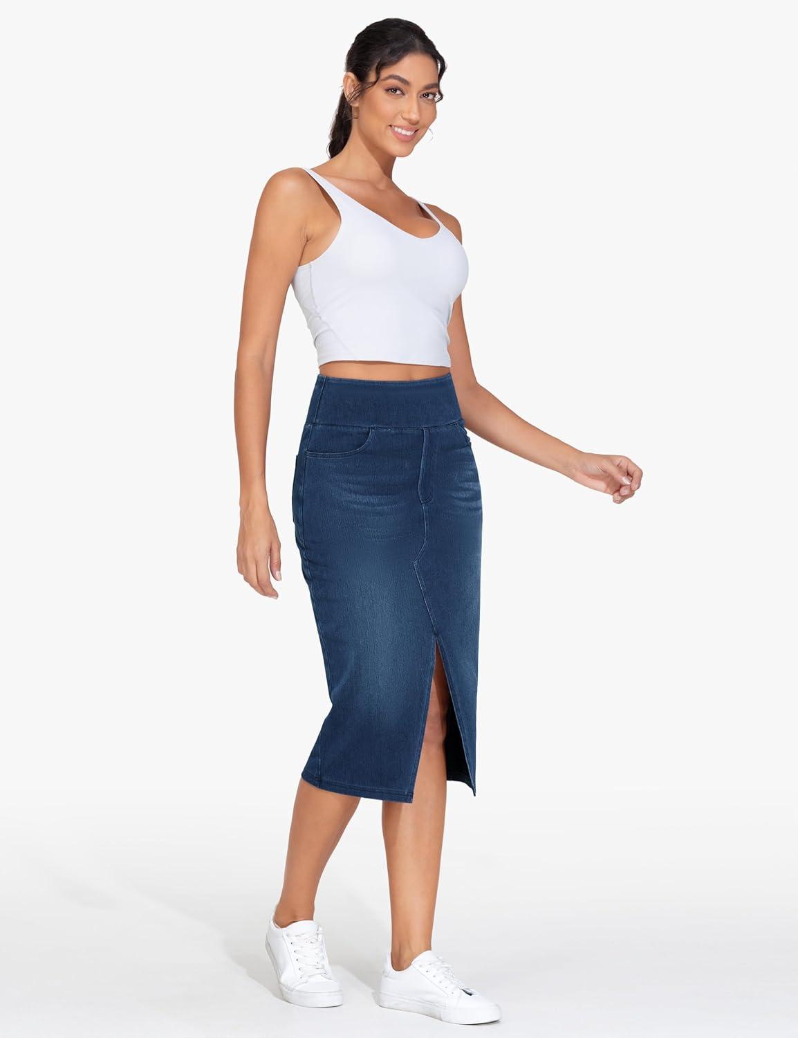imageTHE GYM PEOPLE Womens High Waisted Stretchy Jean Skirts Front Slit Midi Denim Skirt with PocketsDark Blue