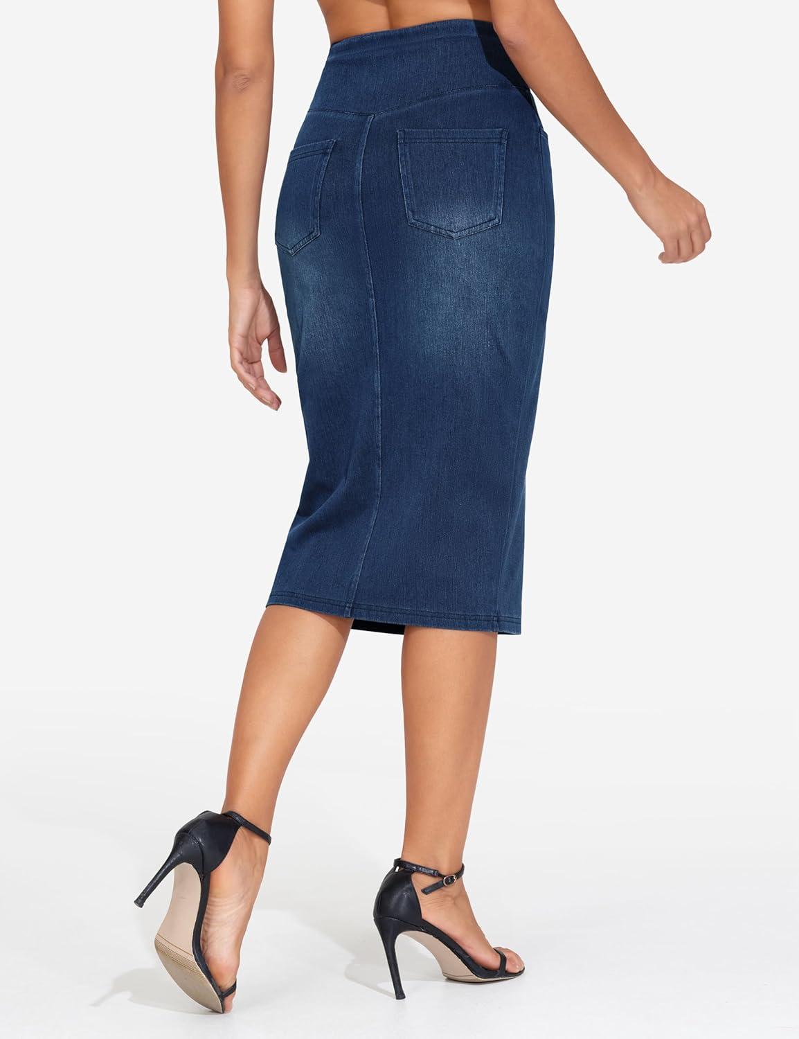 imageTHE GYM PEOPLE Womens High Waisted Stretchy Jean Skirts Front Slit Midi Denim Skirt with PocketsDark Blue