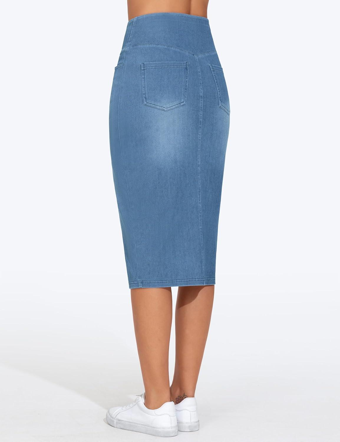 imageTHE GYM PEOPLE Womens High Waisted Stretchy Jean Skirts Front Slit Midi Denim Skirt with PocketsDenim Blue