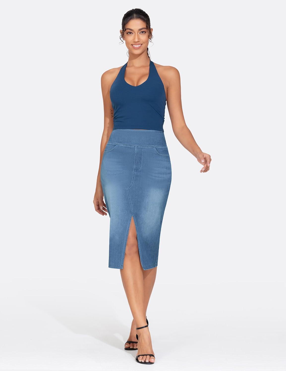 imageTHE GYM PEOPLE Womens High Waisted Stretchy Jean Skirts Front Slit Midi Denim Skirt with PocketsDenim Blue