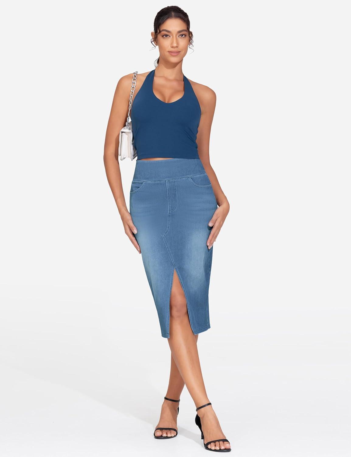 imageTHE GYM PEOPLE Womens High Waisted Stretchy Jean Skirts Front Slit Midi Denim Skirt with PocketsDenim Blue
