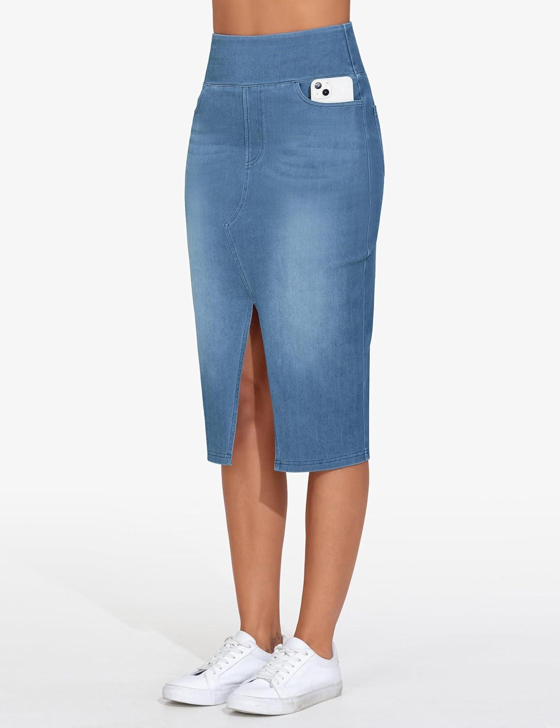 imageTHE GYM PEOPLE Womens High Waisted Stretchy Jean Skirts Front Slit Midi Denim Skirt with PocketsDenim Blue