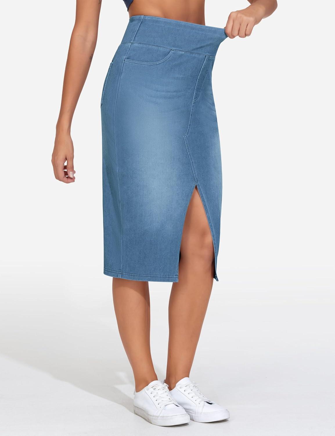 imageTHE GYM PEOPLE Womens High Waisted Stretchy Jean Skirts Front Slit Midi Denim Skirt with PocketsDenim Blue