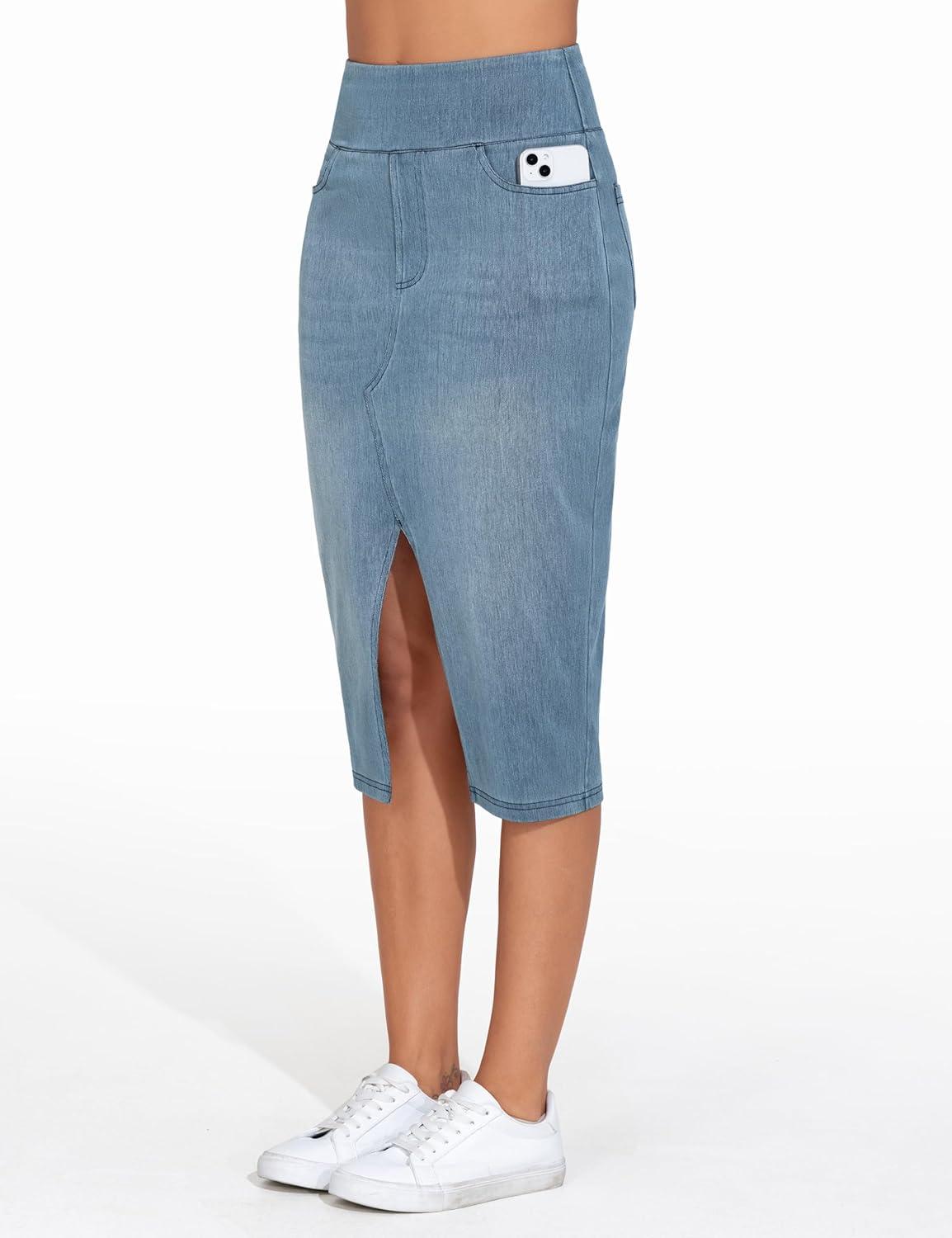 imageTHE GYM PEOPLE Womens High Waisted Stretchy Jean Skirts Front Slit Midi Denim Skirt with PocketsDenim Light Blue