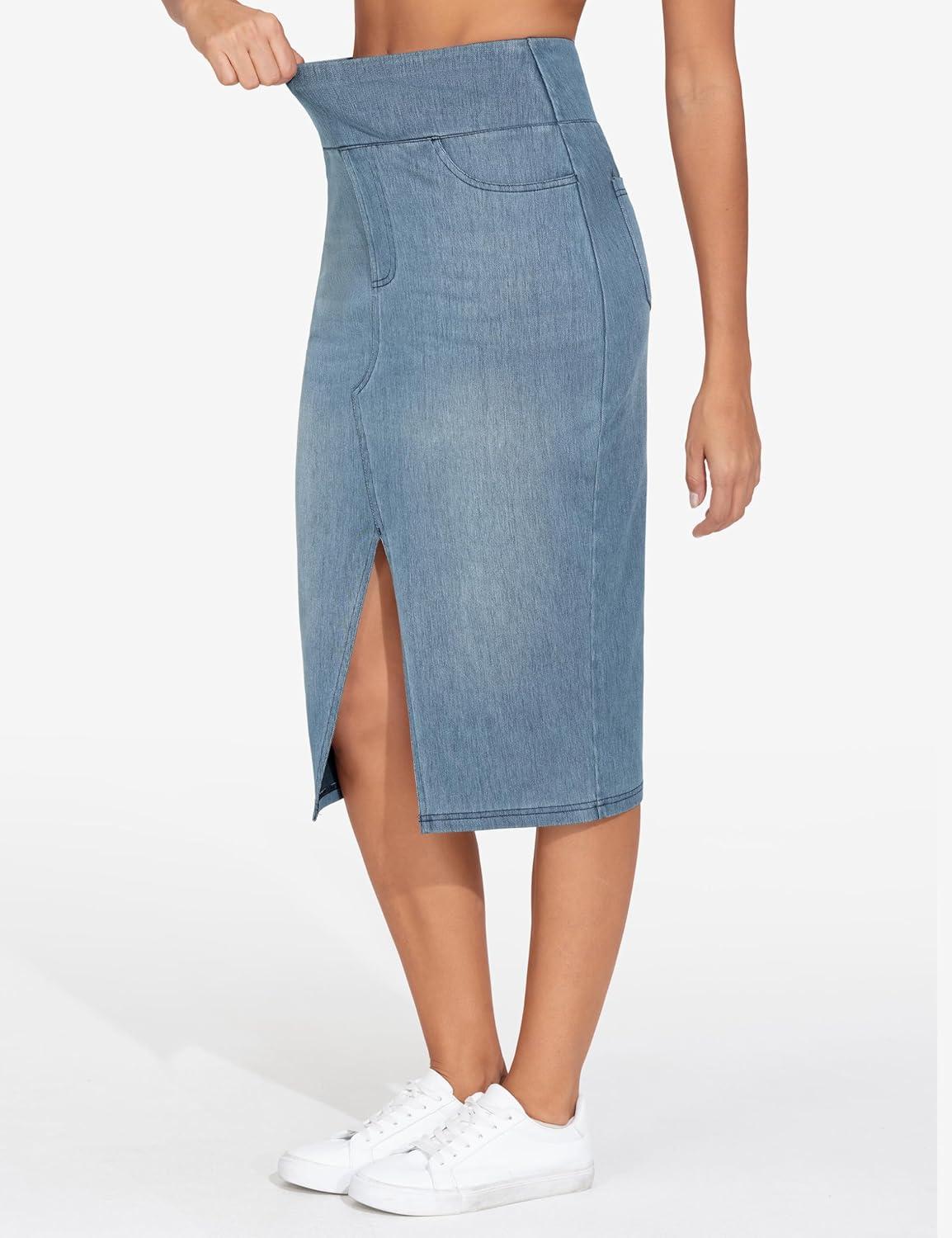 imageTHE GYM PEOPLE Womens High Waisted Stretchy Jean Skirts Front Slit Midi Denim Skirt with PocketsDenim Light Blue