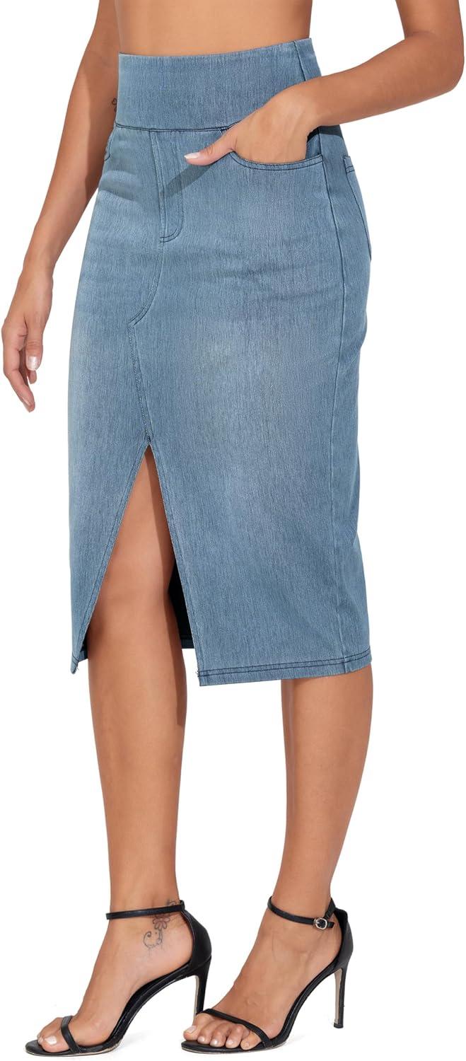 imageTHE GYM PEOPLE Womens High Waisted Stretchy Jean Skirts Front Slit Midi Denim Skirt with PocketsDenim Light Blue