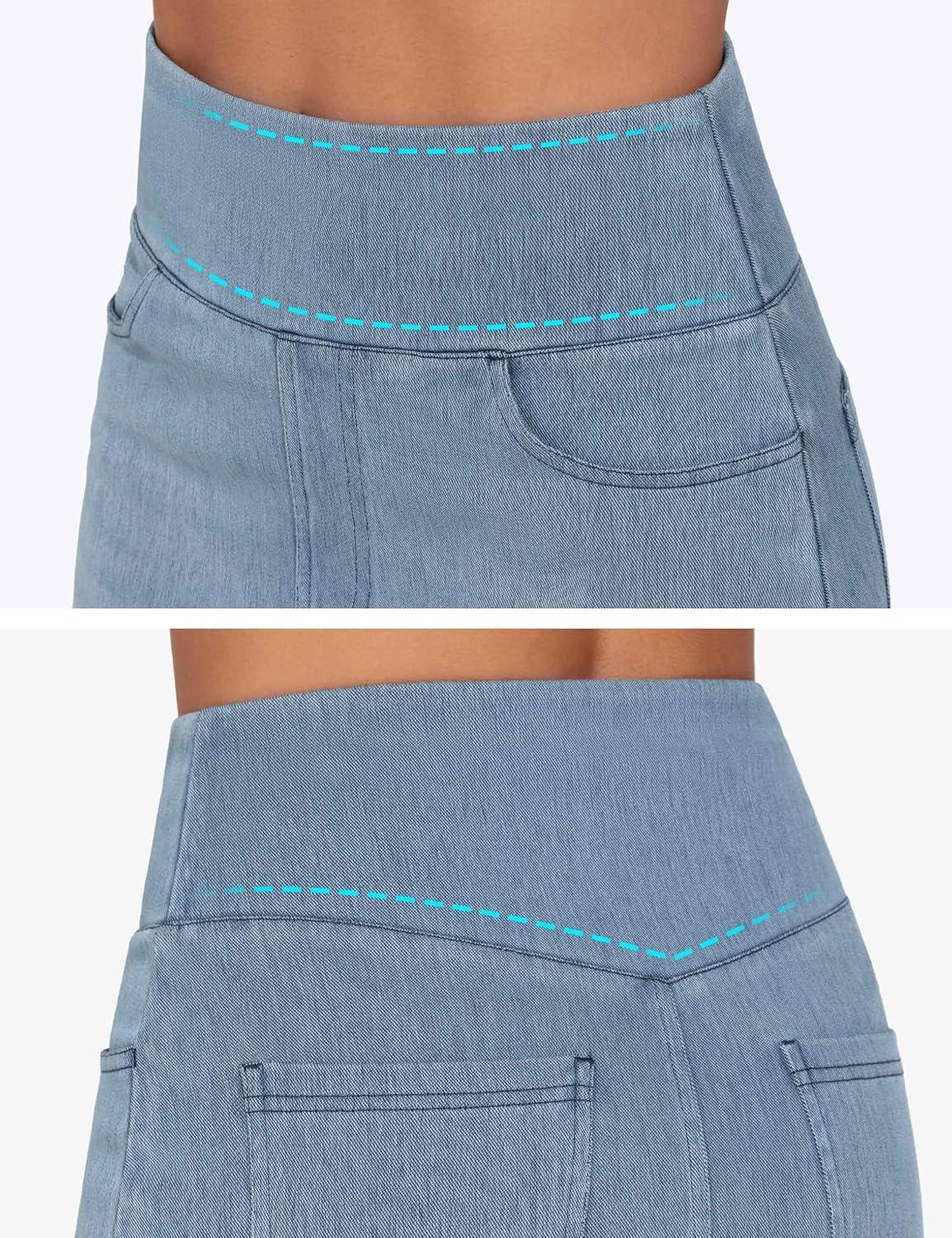 imageTHE GYM PEOPLE Womens High Waisted Stretchy Jean Skirts Front Slit Midi Denim Skirt with PocketsDenim Light Blue