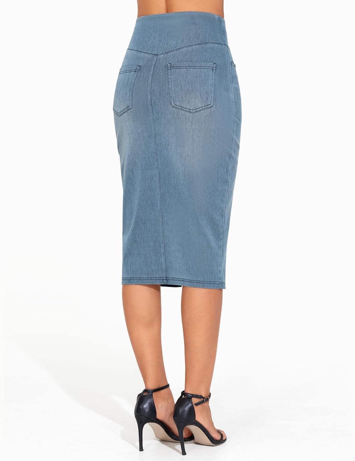 imageTHE GYM PEOPLE Womens High Waisted Stretchy Jean Skirts Front Slit Midi Denim Skirt with PocketsDenim Light Blue