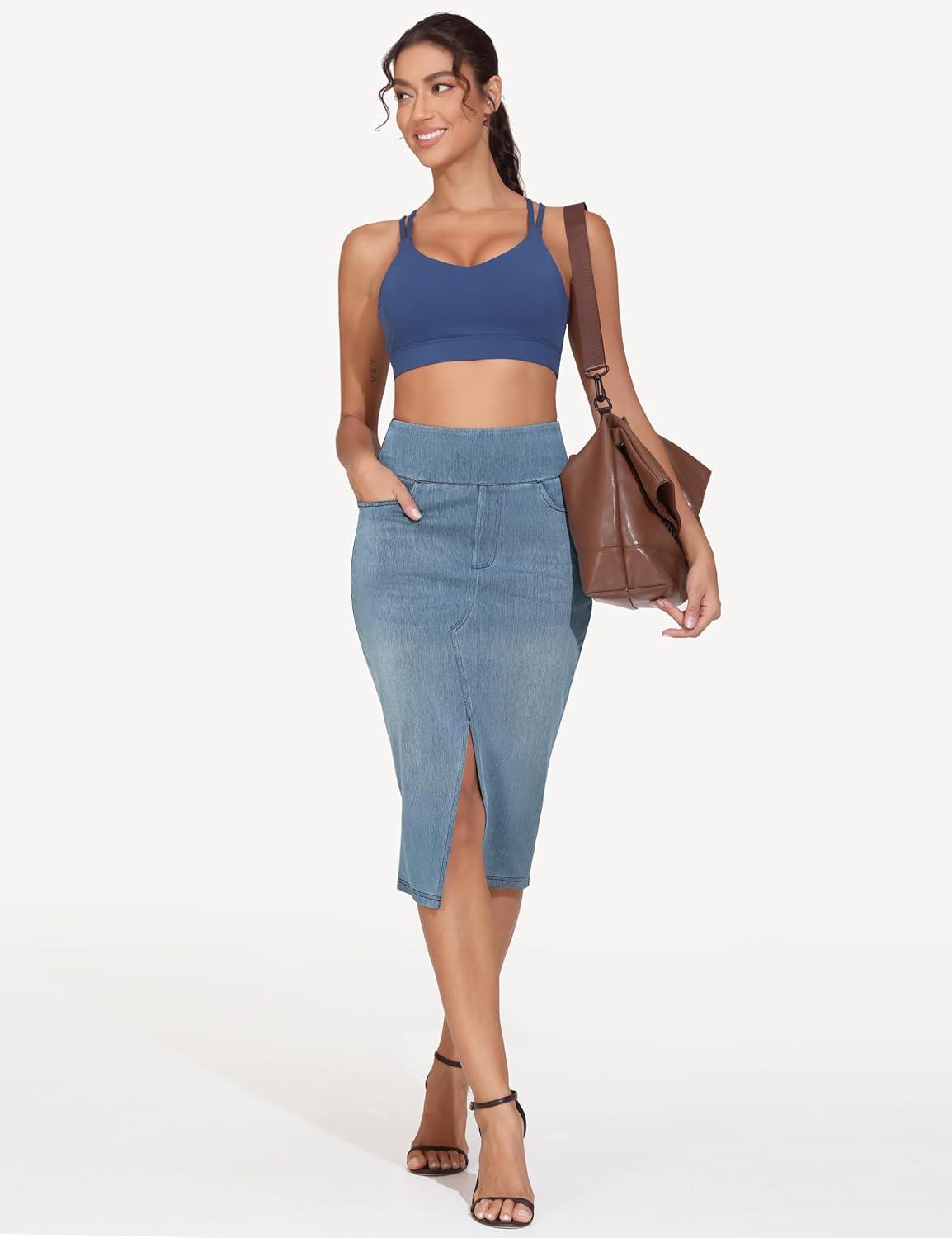 imageTHE GYM PEOPLE Womens High Waisted Stretchy Jean Skirts Front Slit Midi Denim Skirt with PocketsDenim Light Blue
