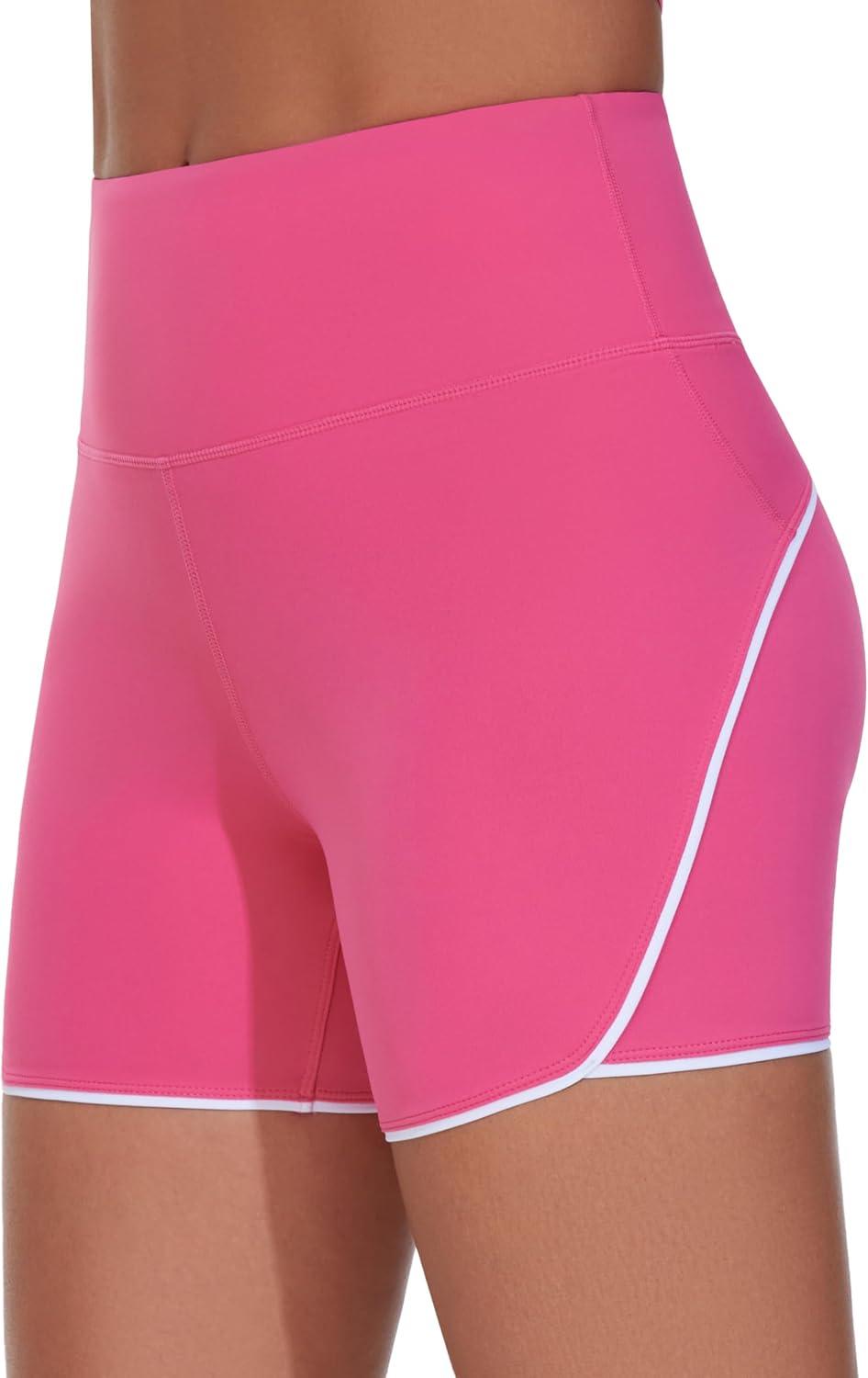 imageTHE GYM PEOPLE Womens High Waisted Workout Shorts Stretchy Breathable Dolphin Split Running Yoga Lounge ShortsBright Pink