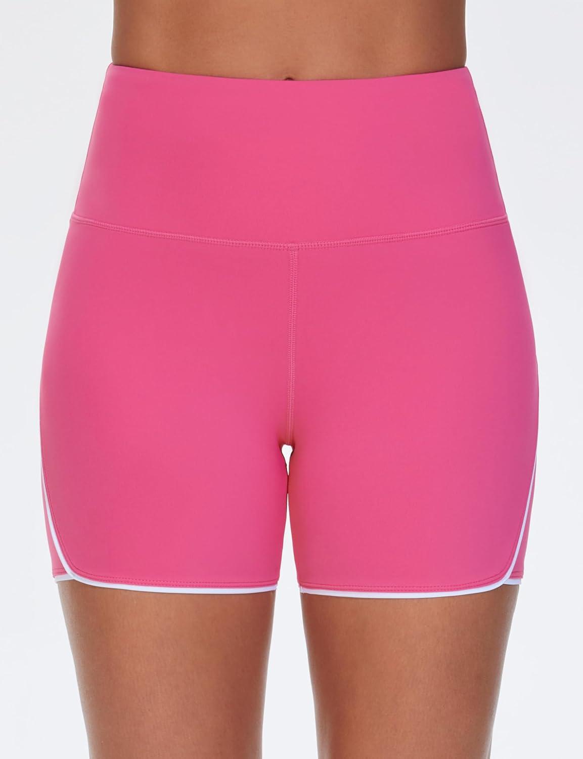 imageTHE GYM PEOPLE Womens High Waisted Workout Shorts Stretchy Breathable Dolphin Split Running Yoga Lounge ShortsBright Pink