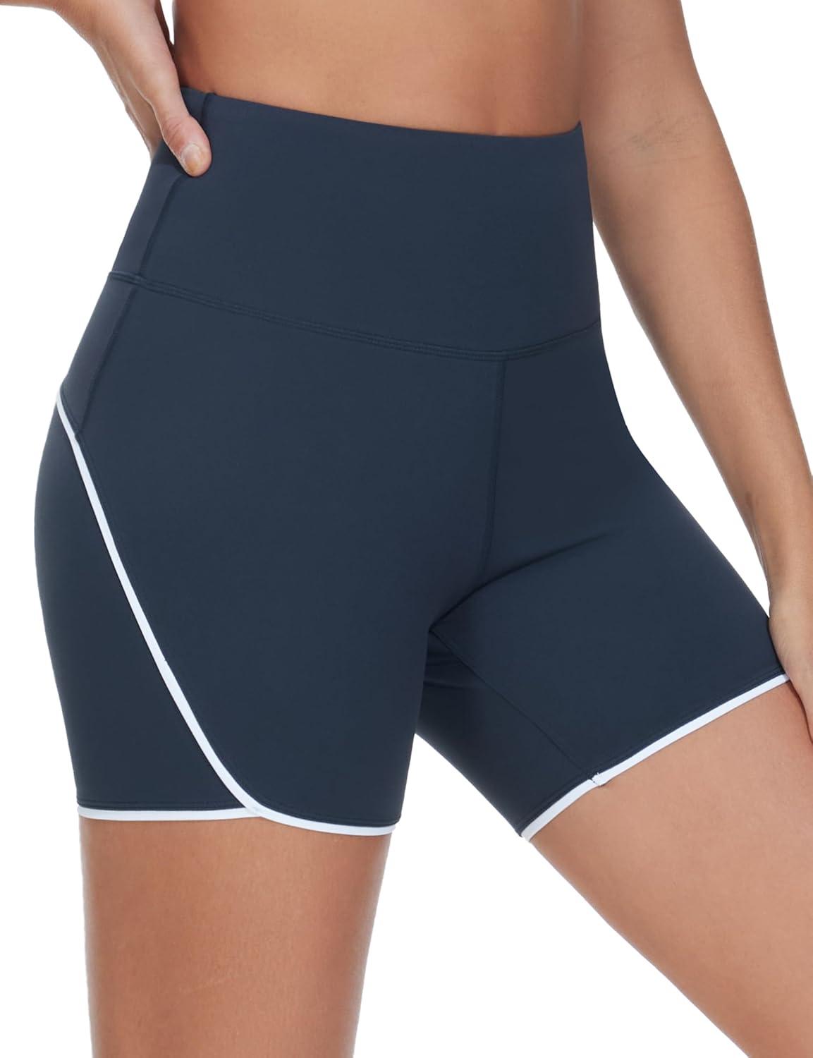 imageTHE GYM PEOPLE Womens High Waisted Workout Shorts Stretchy Breathable Dolphin Split Running Yoga Lounge ShortsNavy Blue