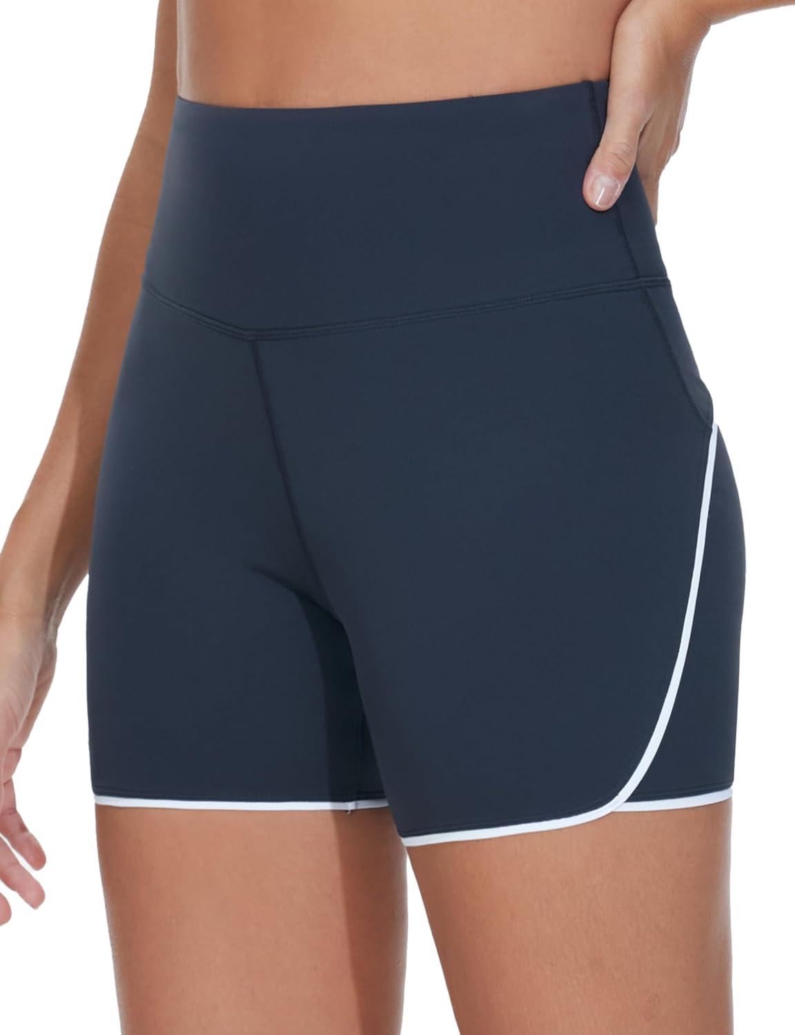 imageTHE GYM PEOPLE Womens High Waisted Workout Shorts Stretchy Breathable Dolphin Split Running Yoga Lounge ShortsNavy Blue