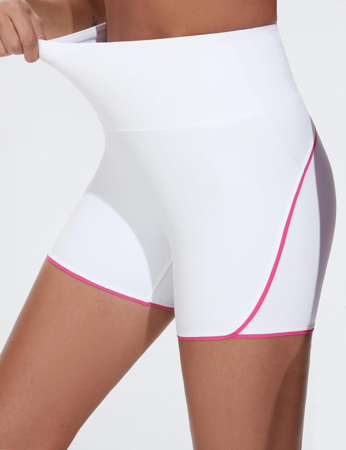 imageTHE GYM PEOPLE Womens High Waisted Workout Shorts Stretchy Breathable Dolphin Split Running Yoga Lounge ShortsWhite