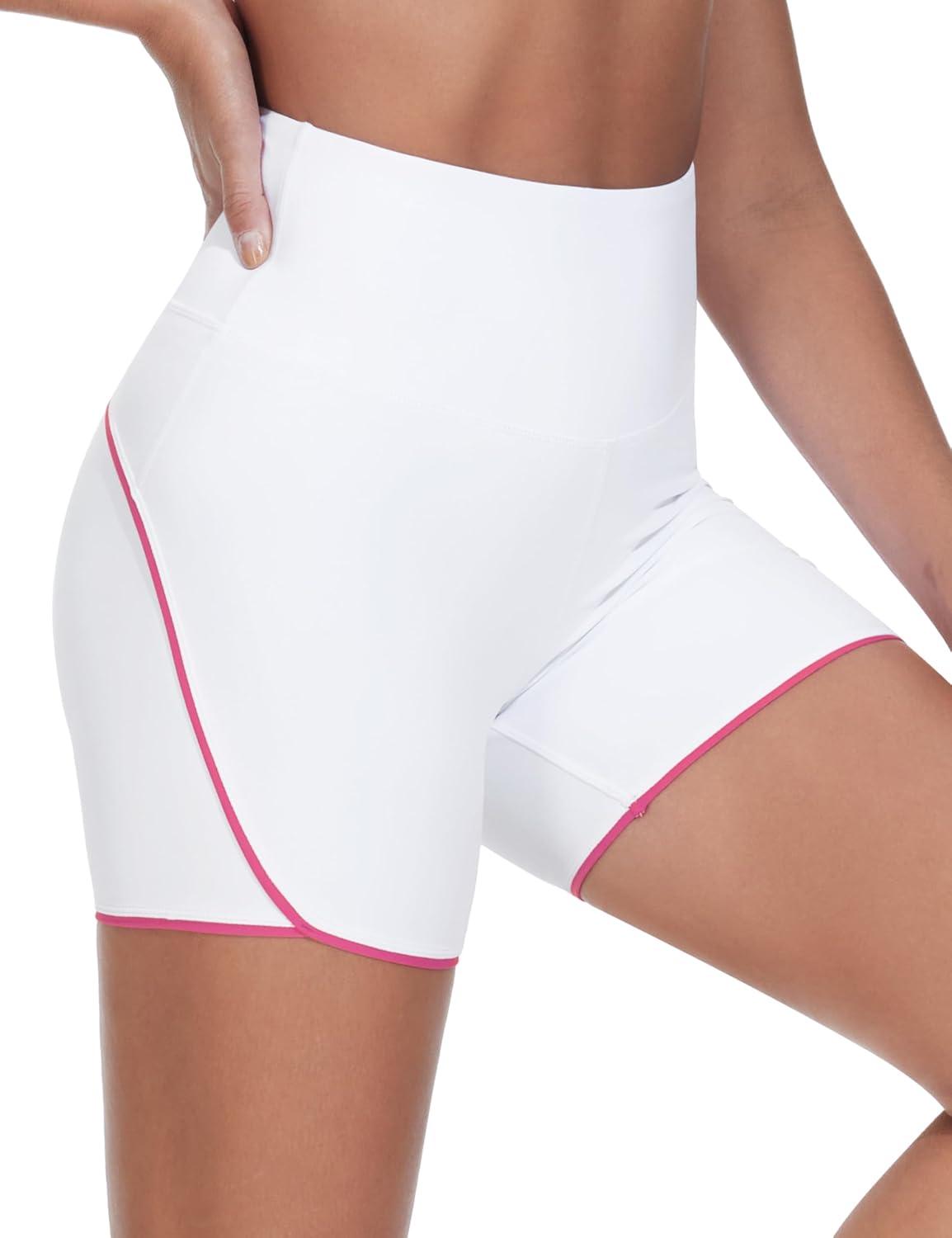 imageTHE GYM PEOPLE Womens High Waisted Workout Shorts Stretchy Breathable Dolphin Split Running Yoga Lounge ShortsWhite