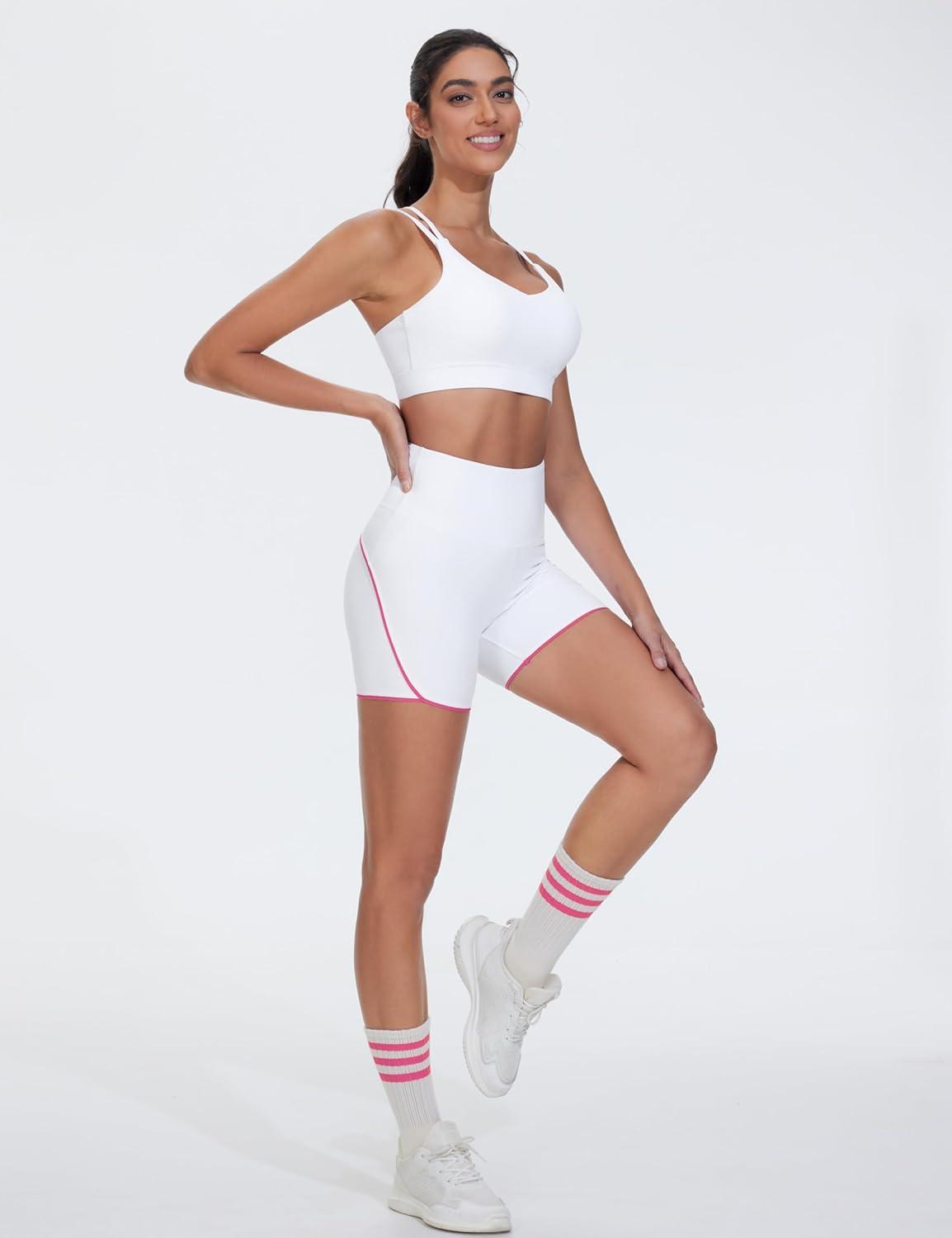 imageTHE GYM PEOPLE Womens High Waisted Workout Shorts Stretchy Breathable Dolphin Split Running Yoga Lounge ShortsWhite