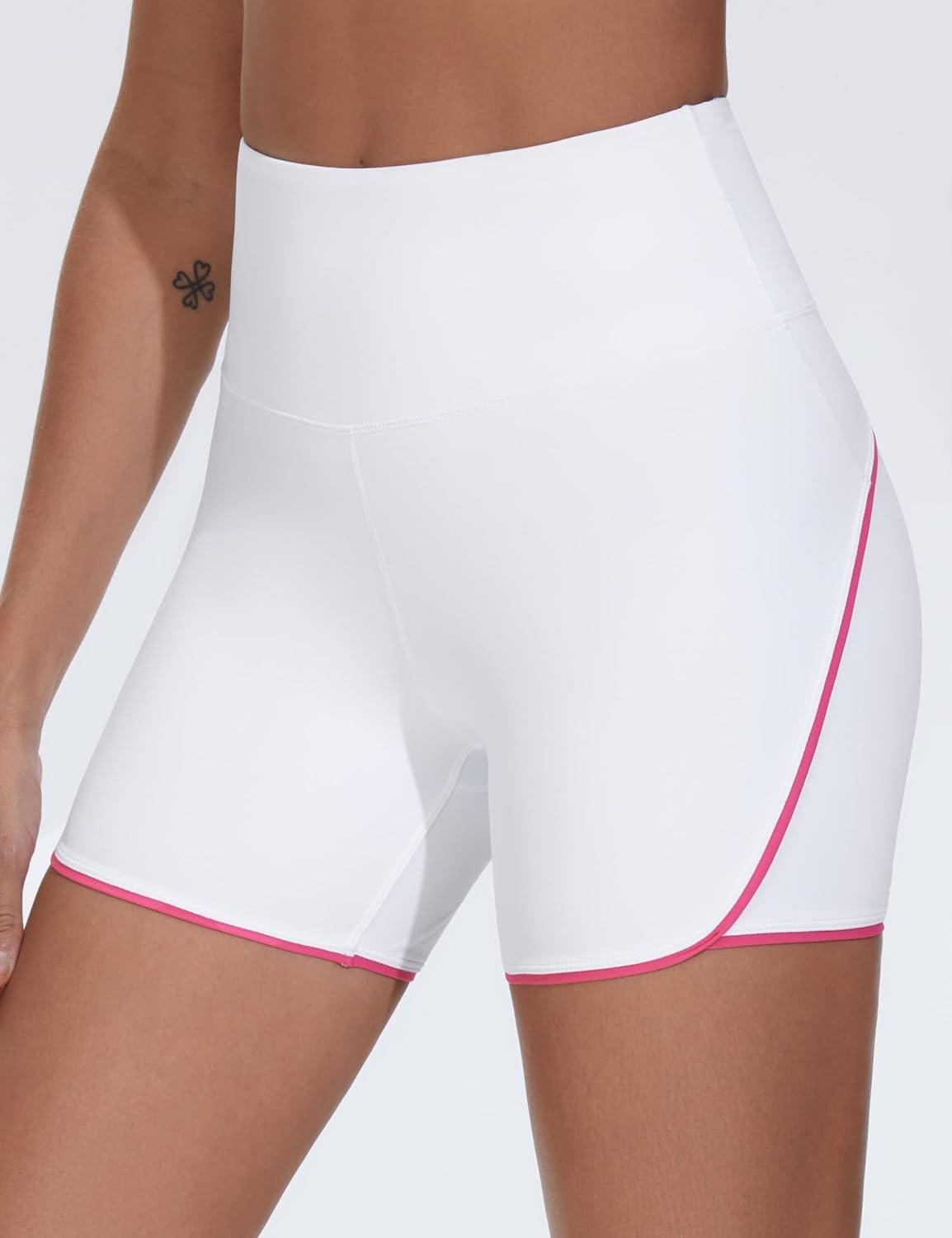 imageTHE GYM PEOPLE Womens High Waisted Workout Shorts Stretchy Breathable Dolphin Split Running Yoga Lounge ShortsWhite
