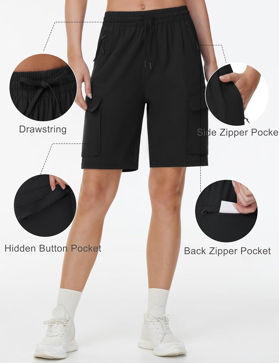 imageTHE GYM PEOPLE Womens Lightweight Quick Dry Golf Hiking Cargo Shorts with Zipper PocketsBlack