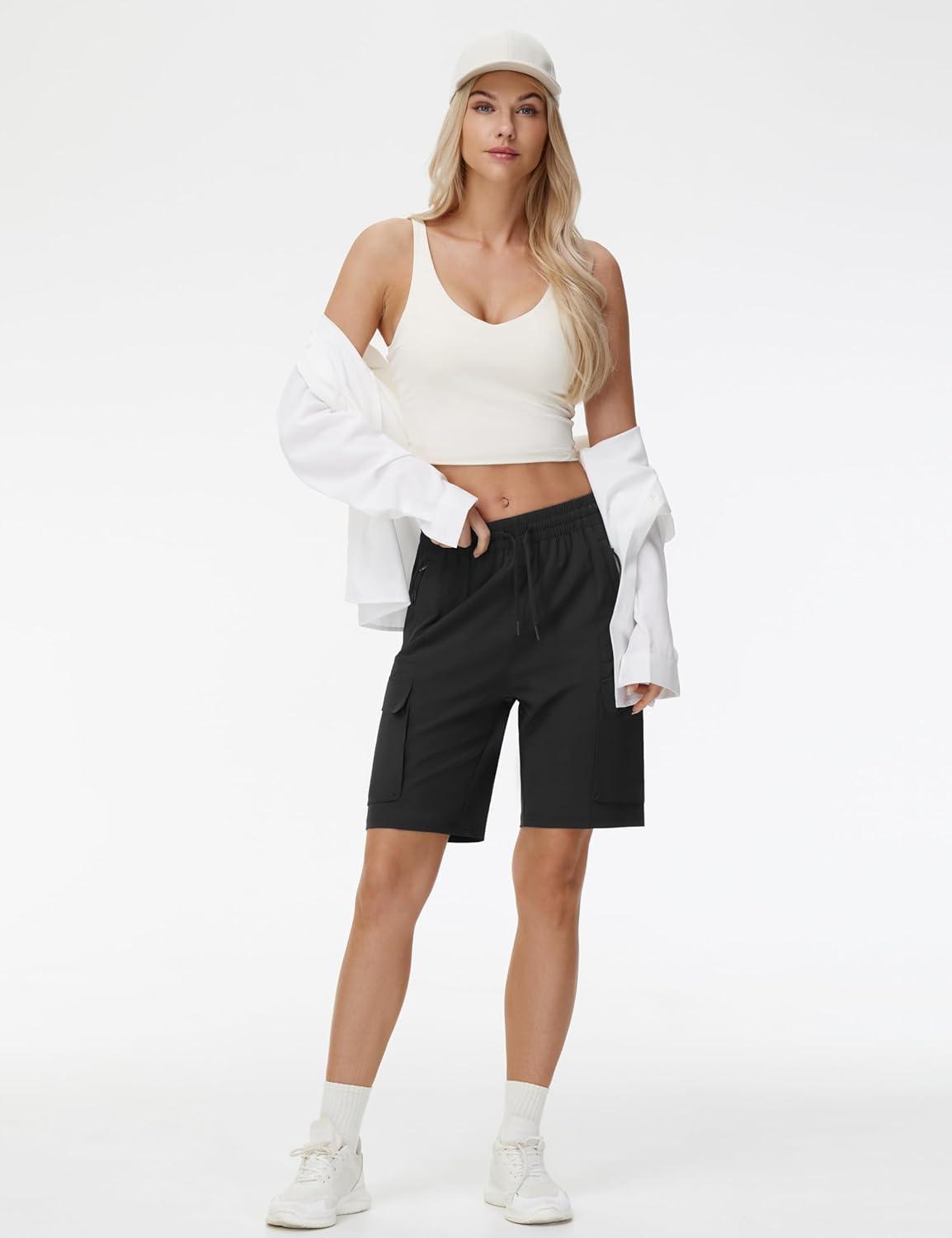 imageTHE GYM PEOPLE Womens Lightweight Quick Dry Golf Hiking Cargo Shorts with Zipper PocketsBlack