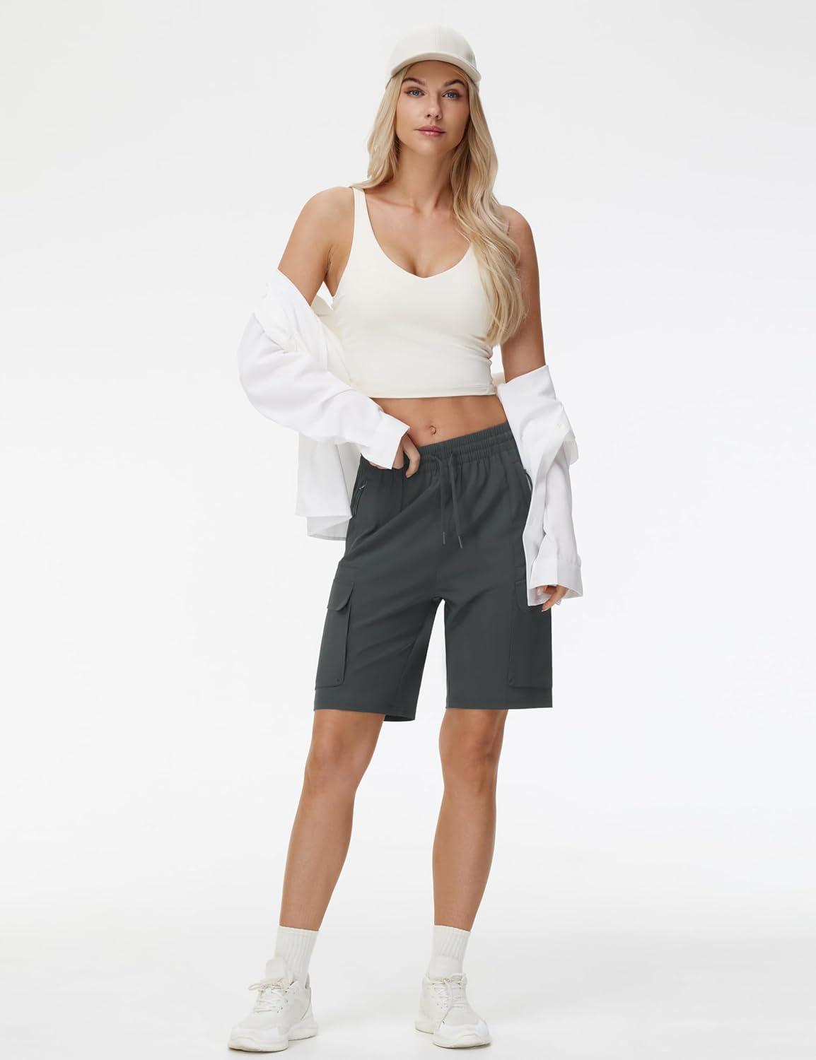 imageTHE GYM PEOPLE Womens Lightweight Quick Dry Golf Hiking Cargo Shorts with Zipper PocketsCharcoal Grey