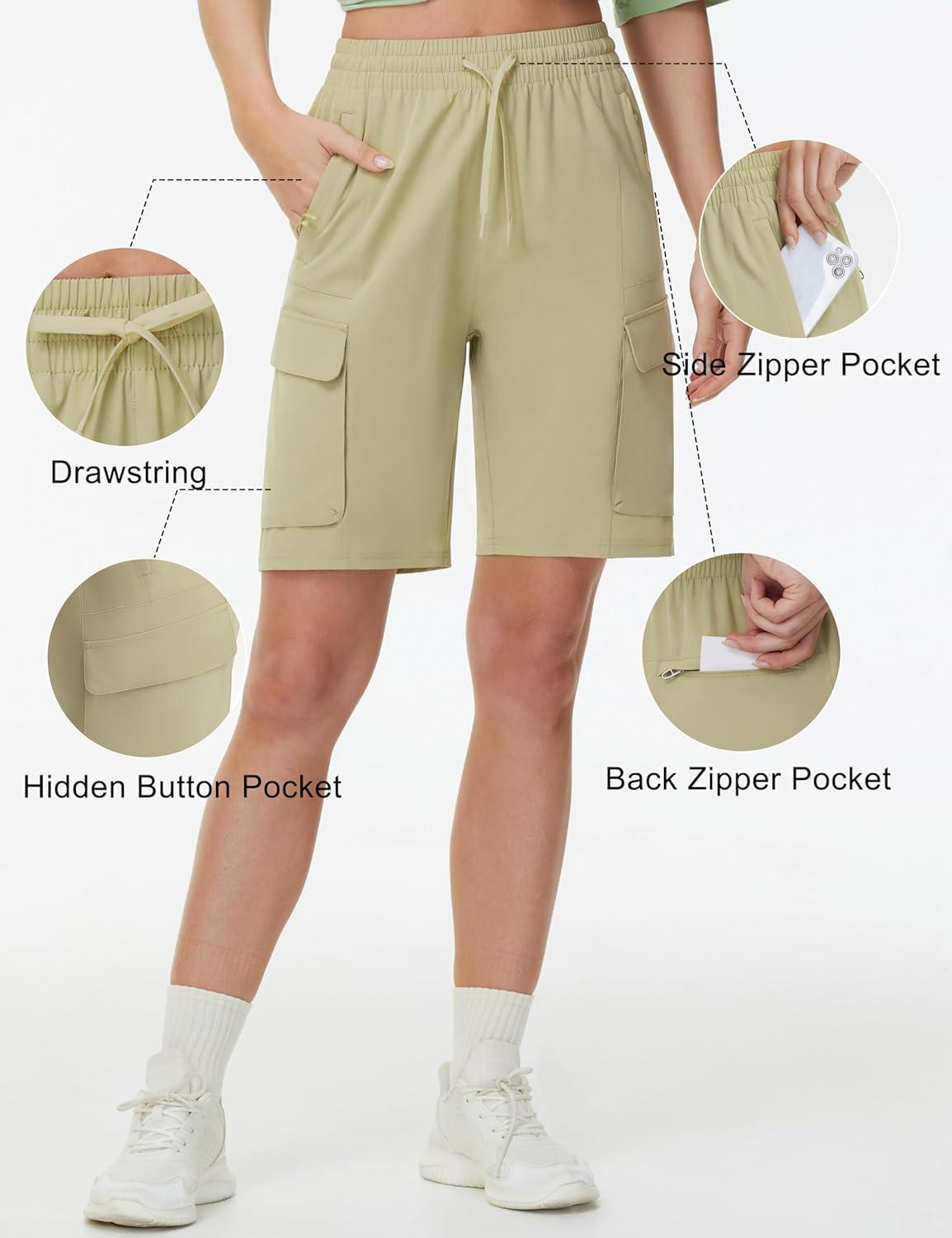 imageTHE GYM PEOPLE Womens Lightweight Quick Dry Golf Hiking Cargo Shorts with Zipper PocketsKhaki