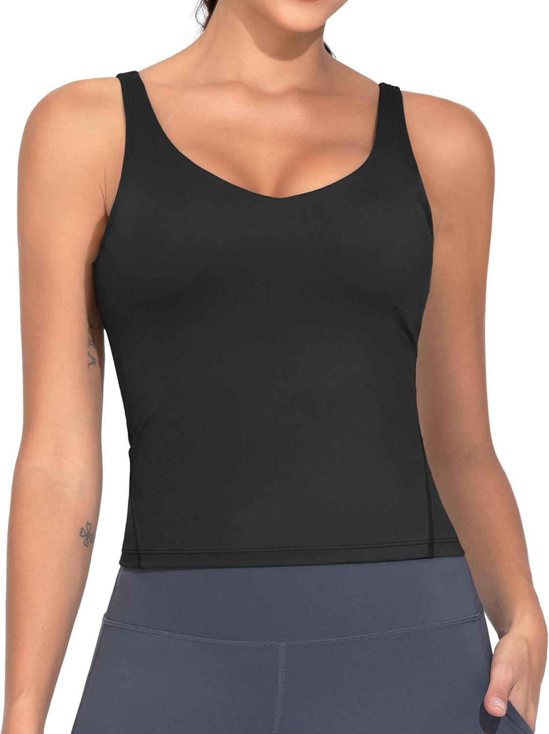 imageTHE GYM PEOPLE Womens Longline Sports Bra Wirefree Padded Workout Yoga Tank TopBlack
