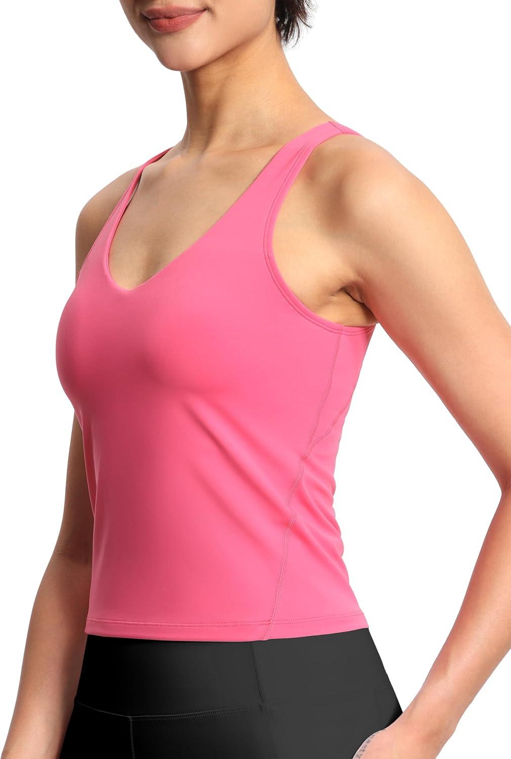 imageTHE GYM PEOPLE Womens Longline Sports Bra Wirefree Padded Workout Yoga Tank TopBright Pink