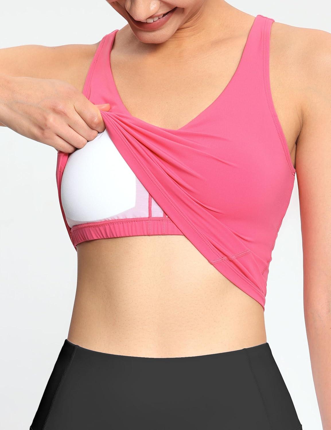 imageTHE GYM PEOPLE Womens Longline Sports Bra Wirefree Padded Workout Yoga Tank TopBright Pink