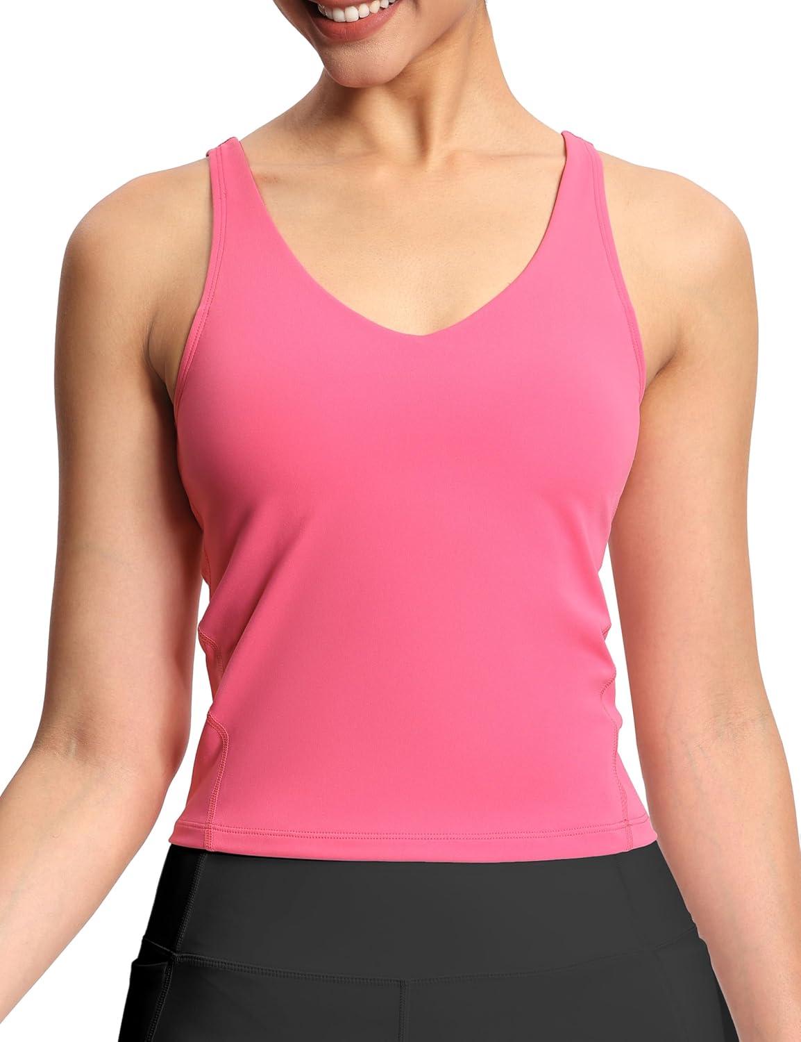 imageTHE GYM PEOPLE Womens Longline Sports Bra Wirefree Padded Workout Yoga Tank TopBright Pink
