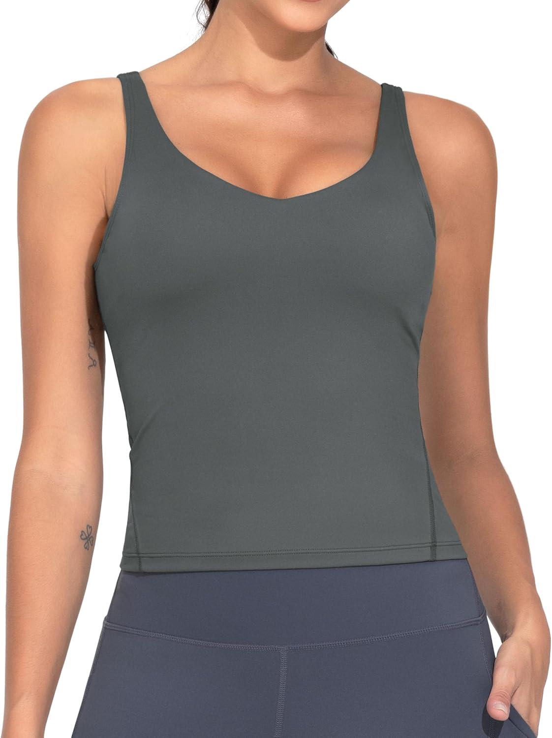 imageTHE GYM PEOPLE Womens Longline Sports Bra Wirefree Padded Workout Yoga Tank TopDark Grey