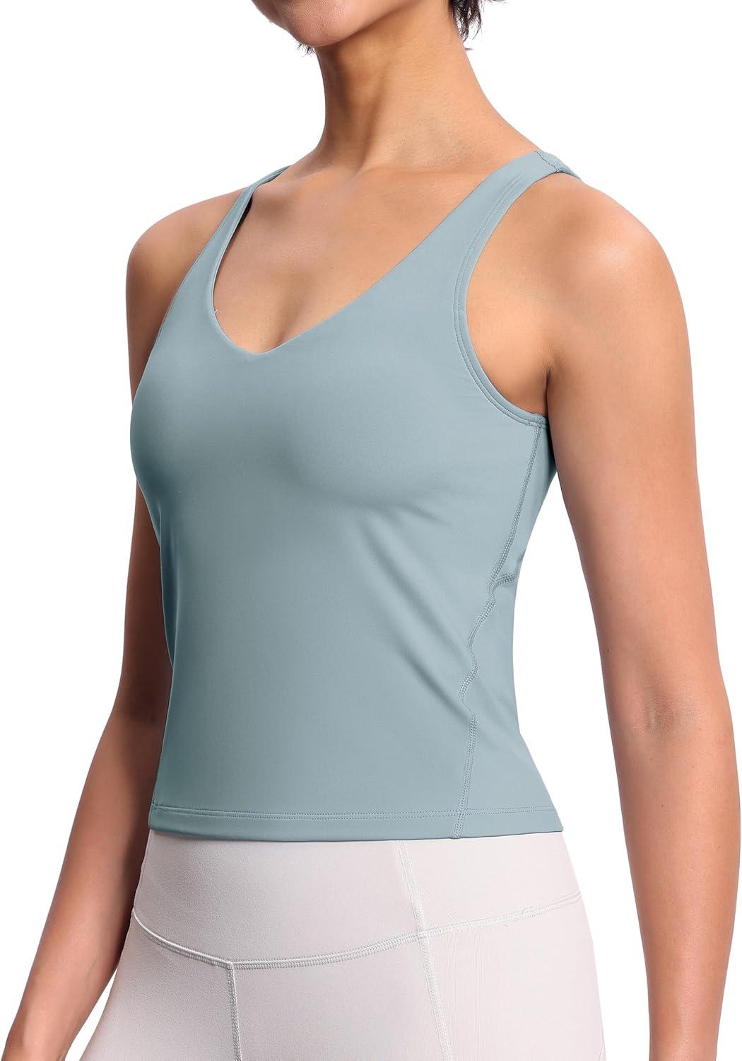 imageTHE GYM PEOPLE Womens Longline Sports Bra Wirefree Padded Workout Yoga Tank TopDenim Blue