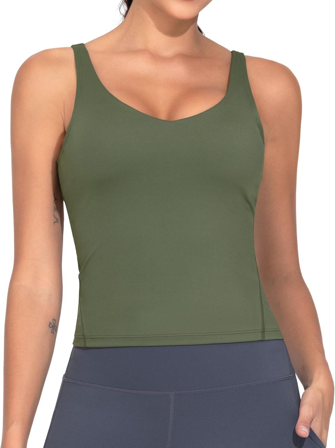 imageTHE GYM PEOPLE Womens Longline Sports Bra Wirefree Padded Workout Yoga Tank TopOlive Green