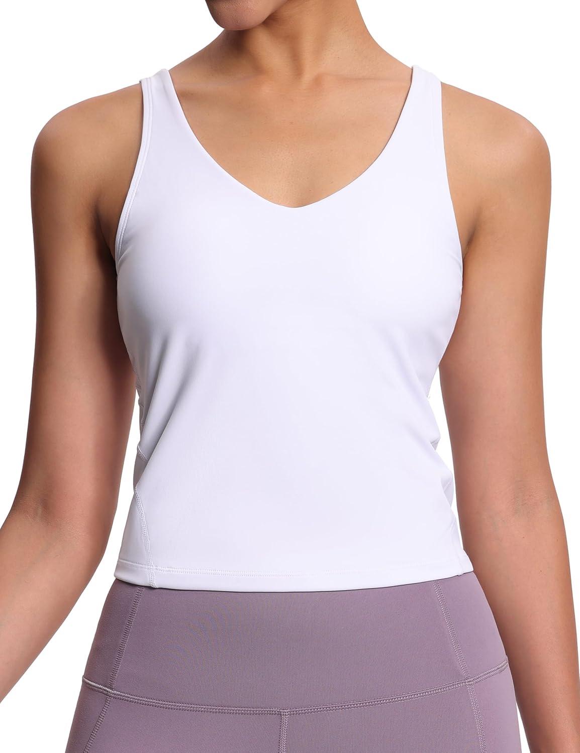 imageTHE GYM PEOPLE Womens Longline Sports Bra Wirefree Padded Workout Yoga Tank TopWhite