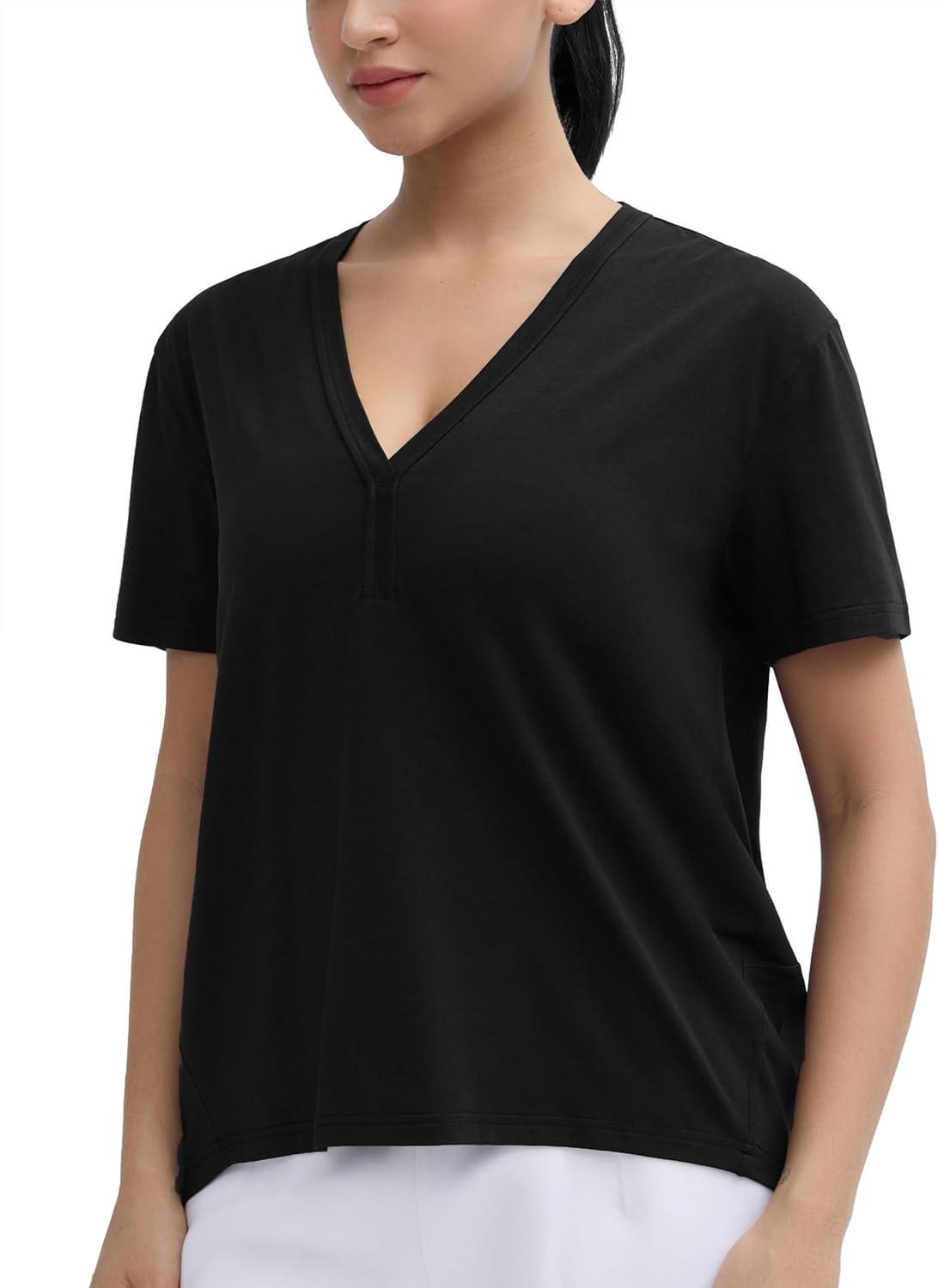 imageTHE GYM PEOPLE Womens Loose Fit Workout TShirts V Neck Short Sleeve Running Yoga Lounge Tee TopsBlack