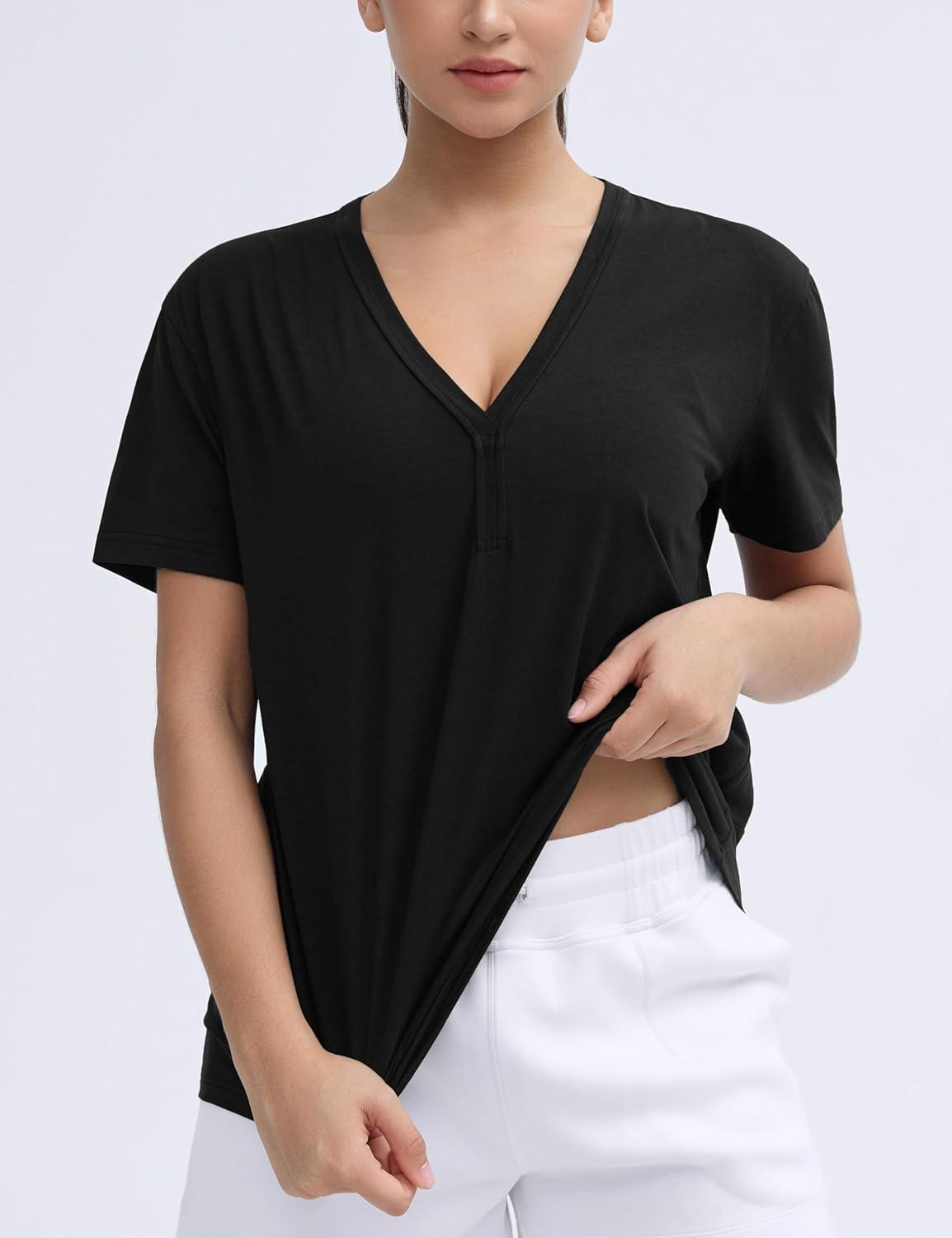 imageTHE GYM PEOPLE Womens Loose Fit Workout TShirts V Neck Short Sleeve Running Yoga Lounge Tee TopsBlack