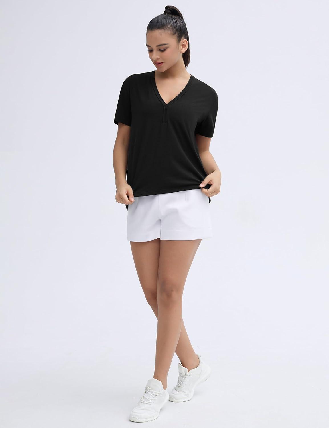 imageTHE GYM PEOPLE Womens Loose Fit Workout TShirts V Neck Short Sleeve Running Yoga Lounge Tee TopsBlack